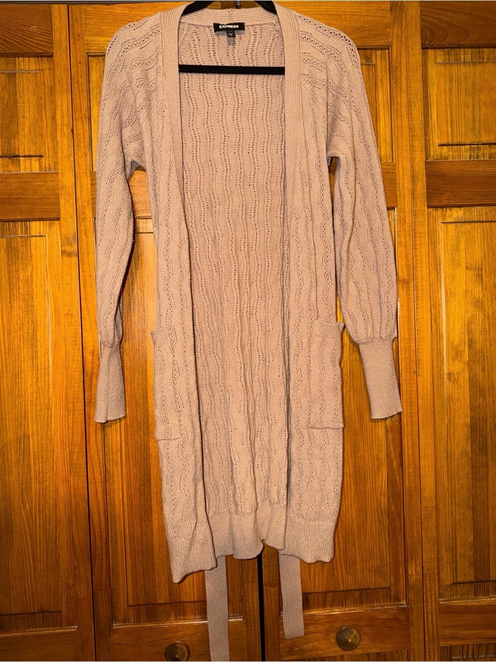 Express Long Open-Front Cable Knit Cardigan in Light Taupe